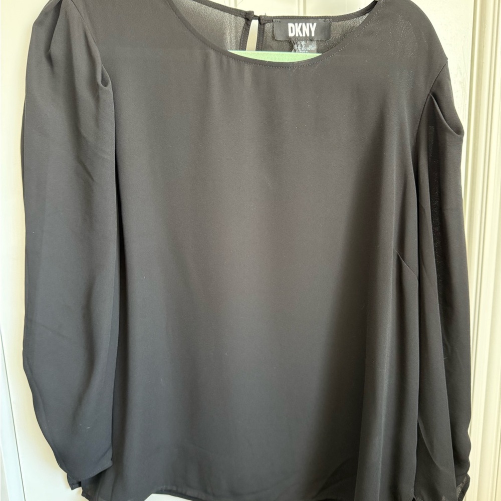 DKNY Black Long Sleeve Sheer-Back Blouse